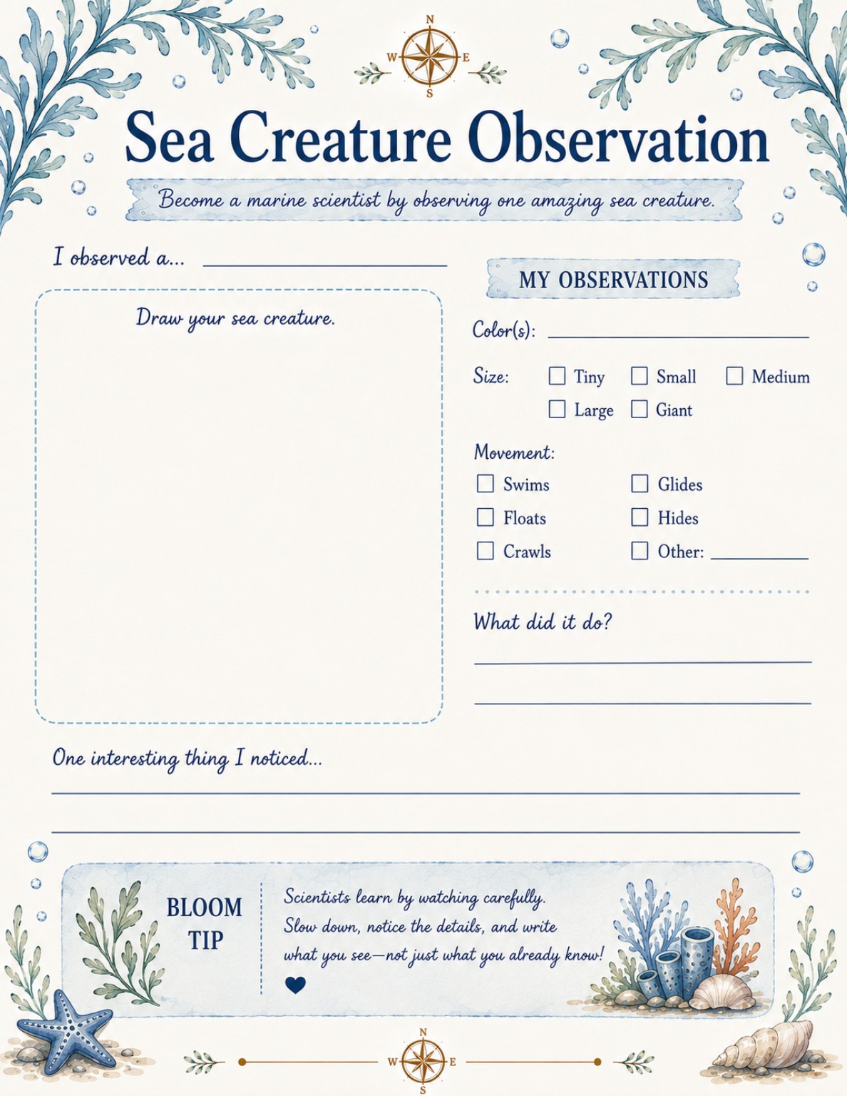 Sea Creature Observation page from the Aquarium Adventure Journal