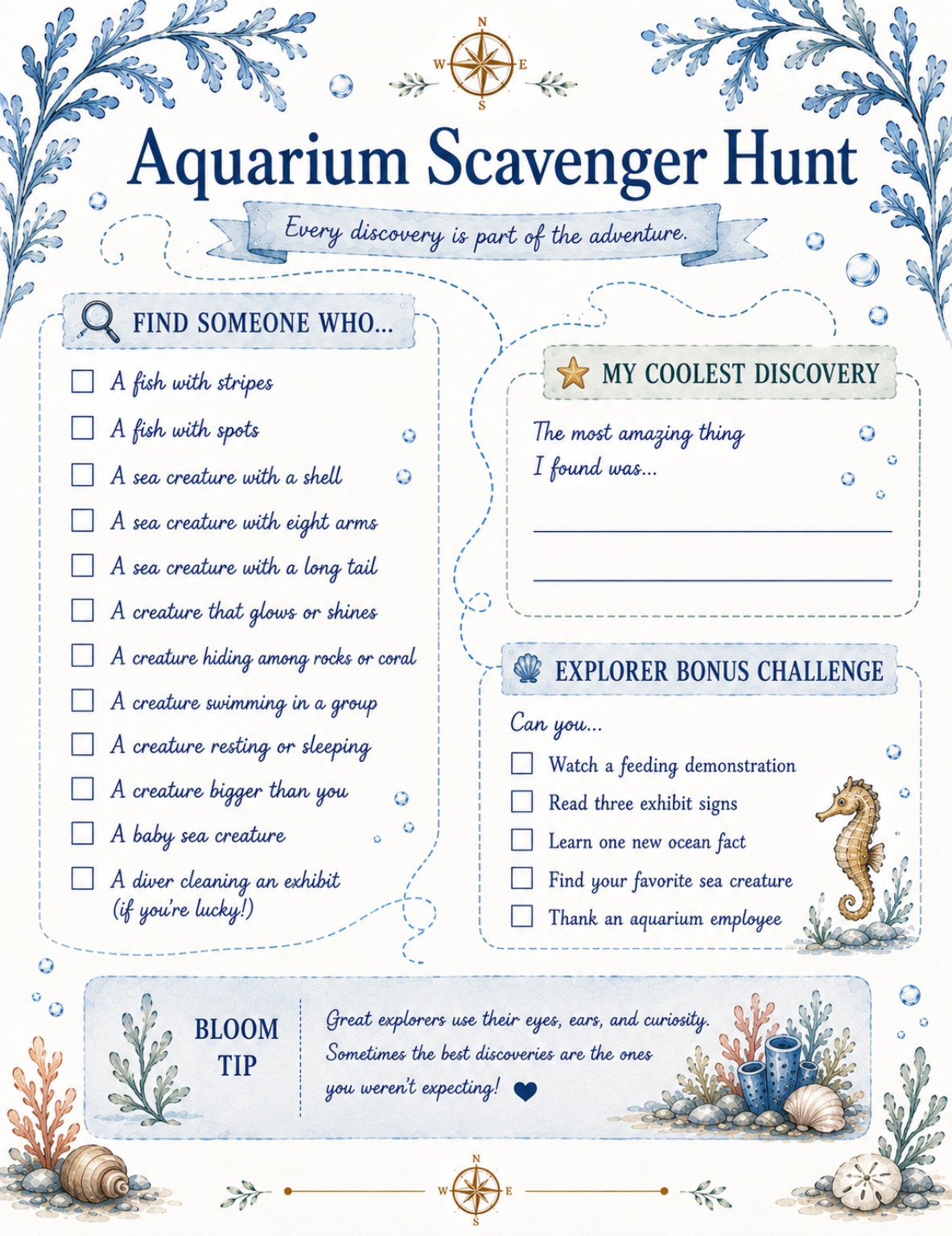 Aquarium Scavenger Hunt page from the Aquarium Adventure Journal