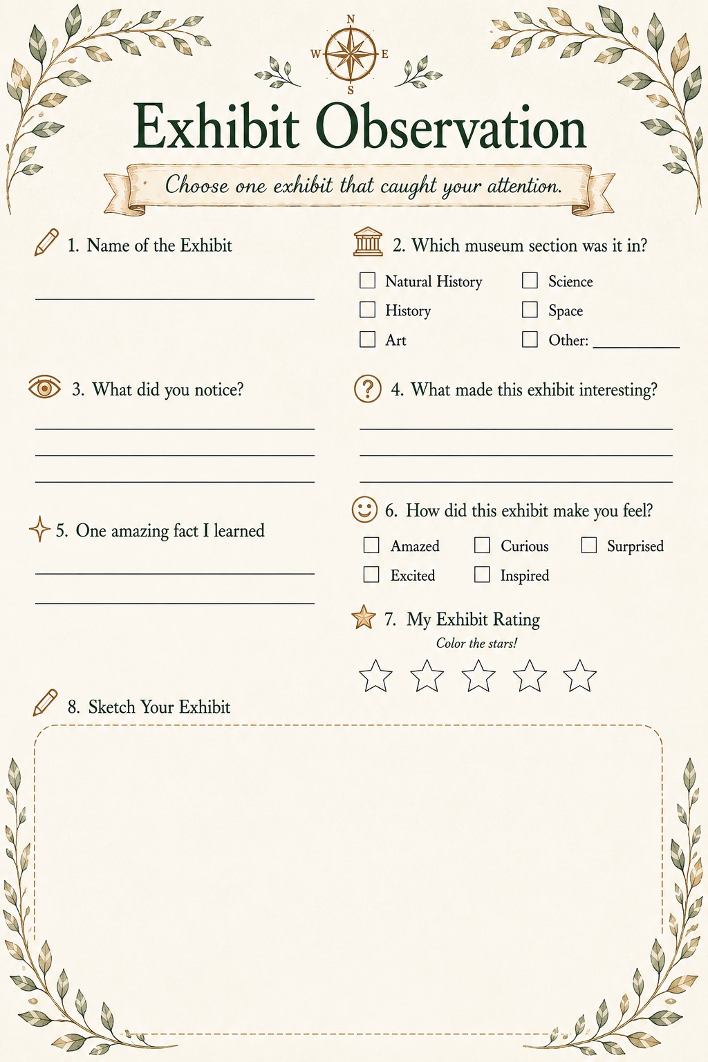 Exhibit Observation page from the Museum Adventure Journal