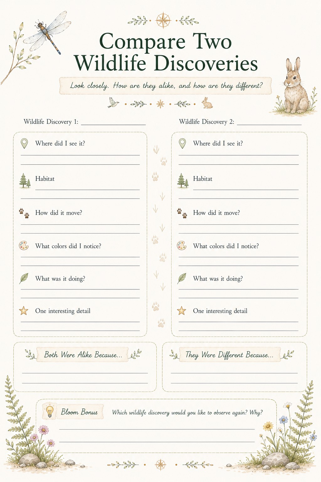 Compare Two Wildlife Discoveries page from the Wildlife Adventure Journal