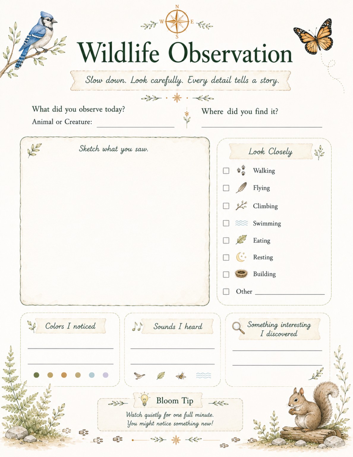 Wildlife Observation page from the Wildlife Adventure Journal