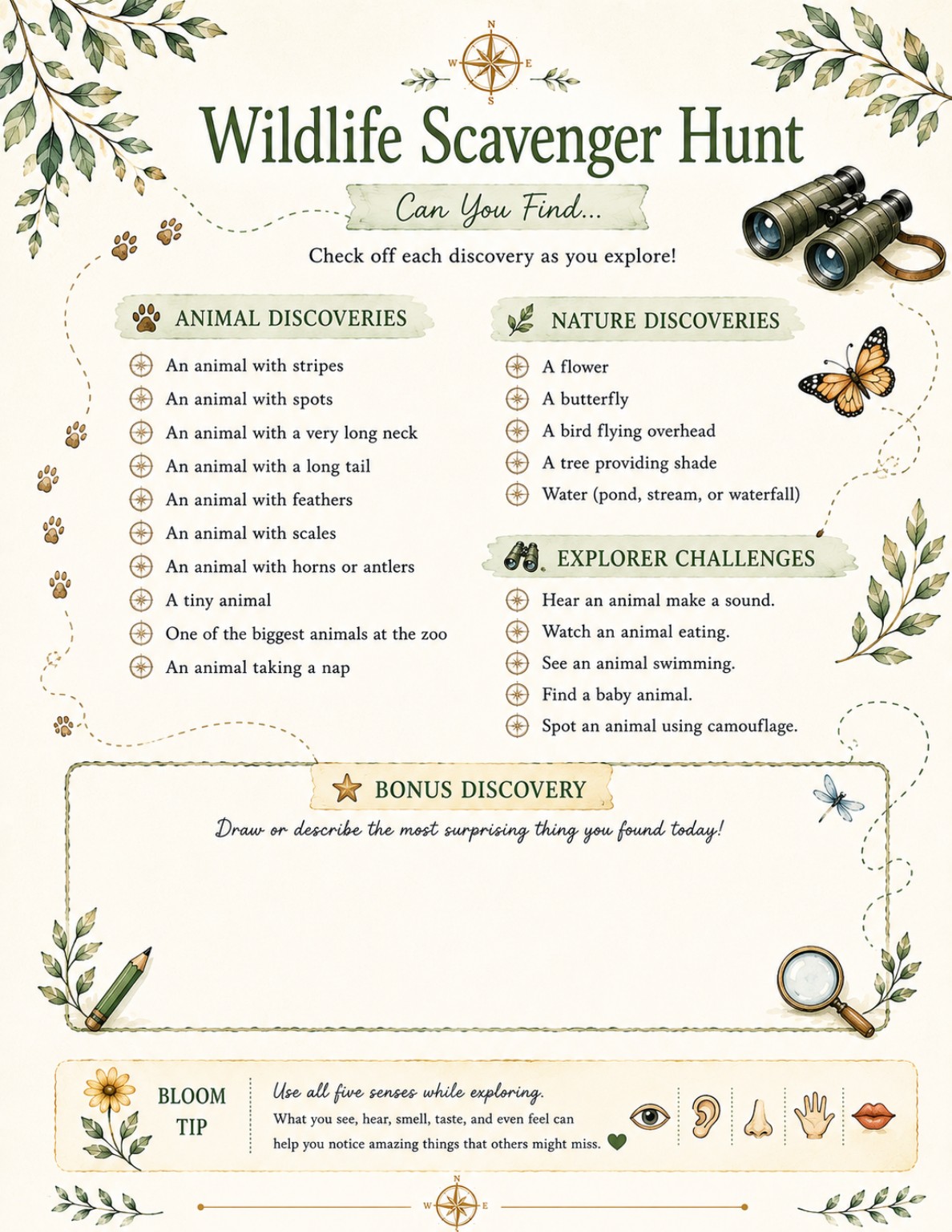 Wildlife Scavenger Hunt page from the Zoo Adventure Journal