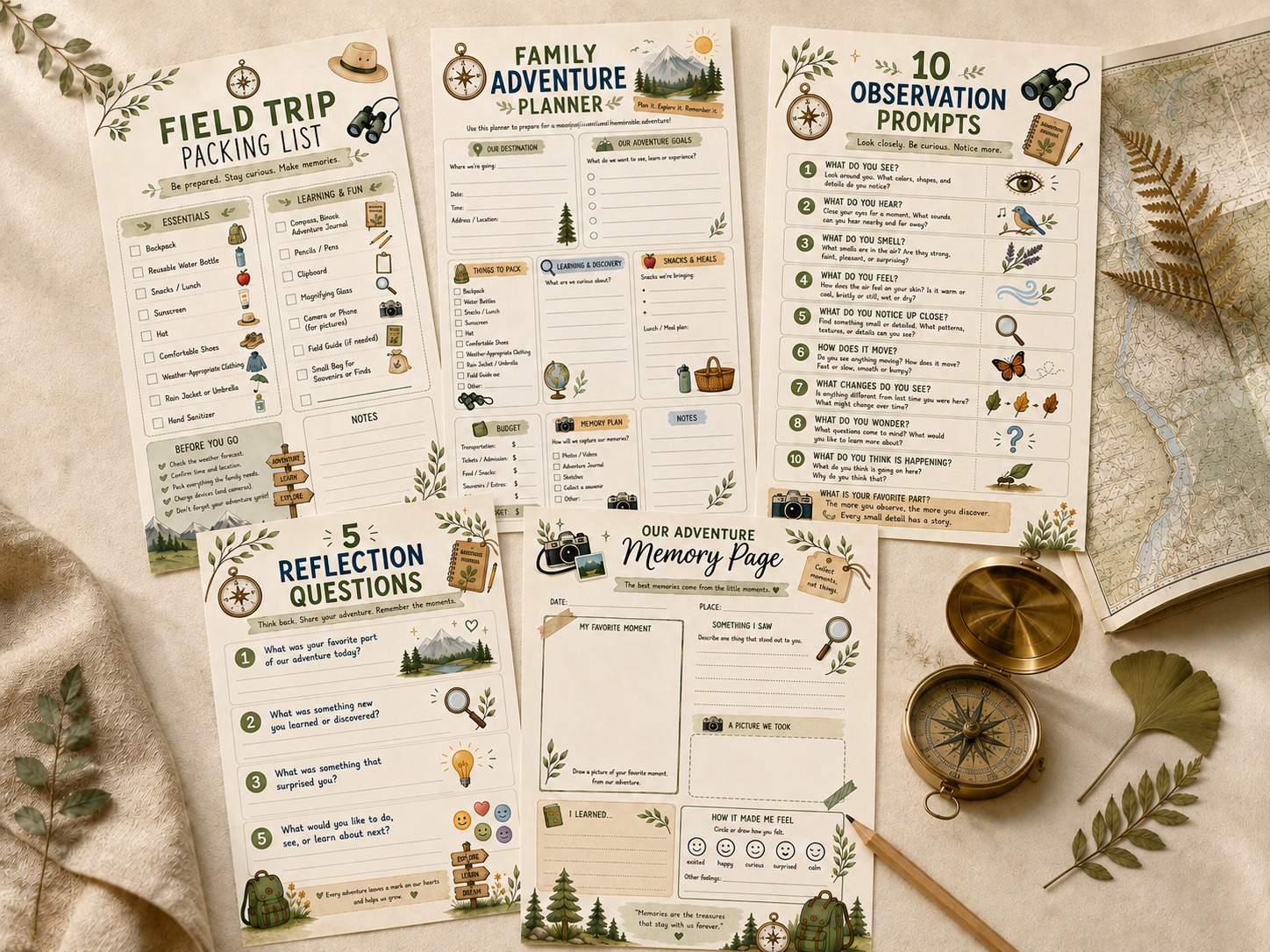 Adventure planning pages arranged with a map, compass and pencil